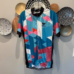 Nine Bull Mens Cycling Jersey Blue Pink Geometric Full Zip Short Sleeve Mesh L